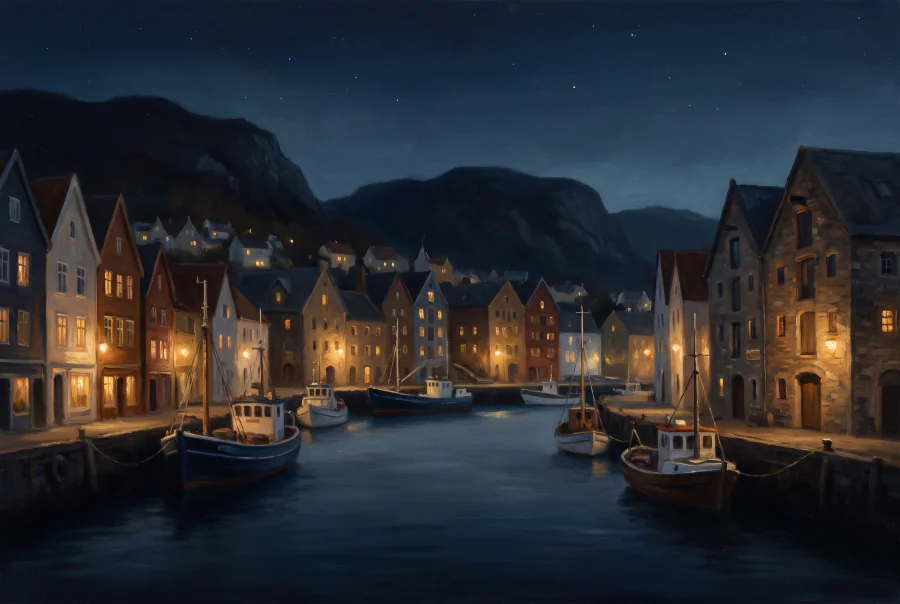 Painted illustration of a harbor town on a cool coast, not a picture of Reykjavík