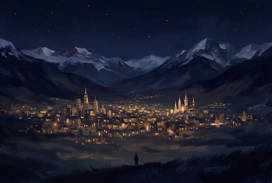 Painted illustration of a city below the mountains, not a picture of Portland