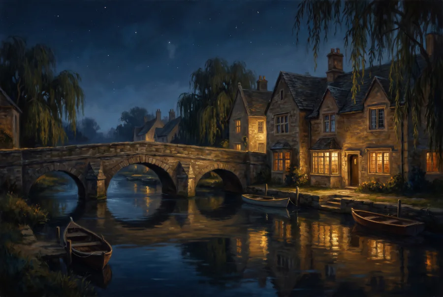Painted illustration of a river city, not a picture of Porto